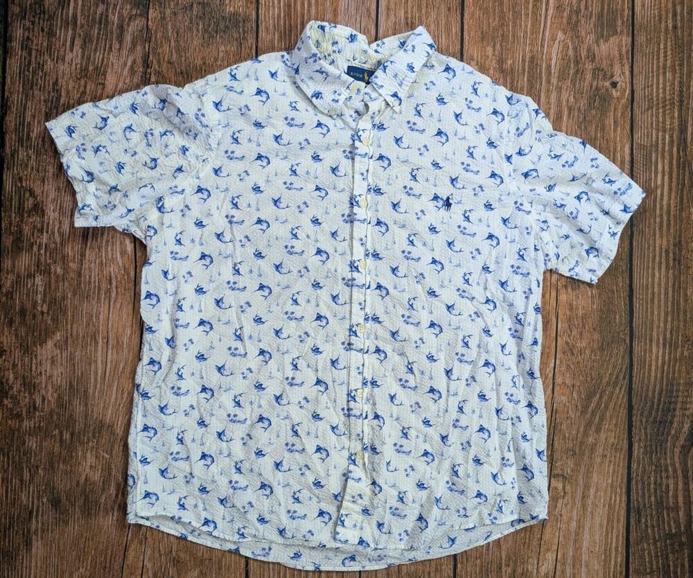 Ralph Lauren Marlin Print Button Down Shirt ShortSleeve Cream Blue XL Seersucker